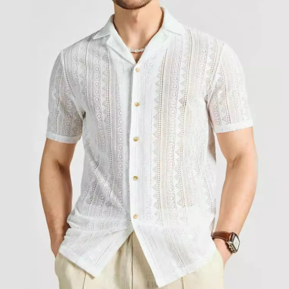Mens Shortsleeved Shirt Lace Loosecut Knitted Casual TShirt Fashion Male Tops 250520