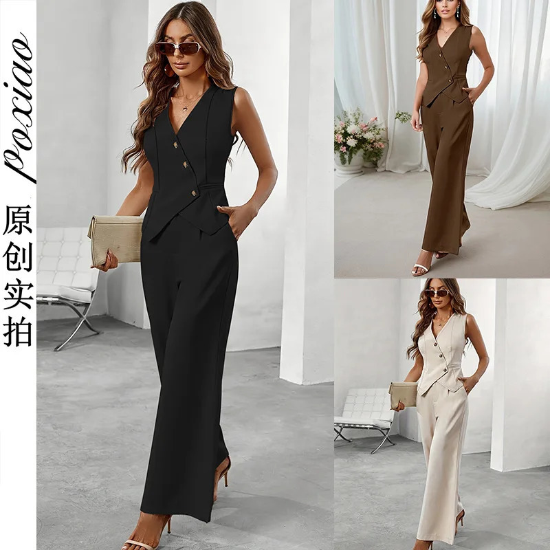 Women Pant Sets Solid V-neck Sleeveless Button Vest Loose Elastic Waist Long Pants Suit 2025 Summer Lady Outfits 250516