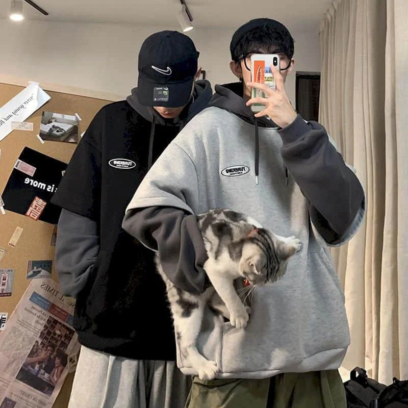 Hoodies men fake two-piece sweatshirt autumn stitching Korean loose contrast color hooded long-sleeved black white gray 250520