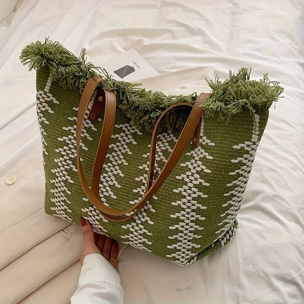 Chic Striped Canvas Tote Bag With Fringe Detail - Spacious Shoulder Handbag For Beach & Shopping, Hine Washable