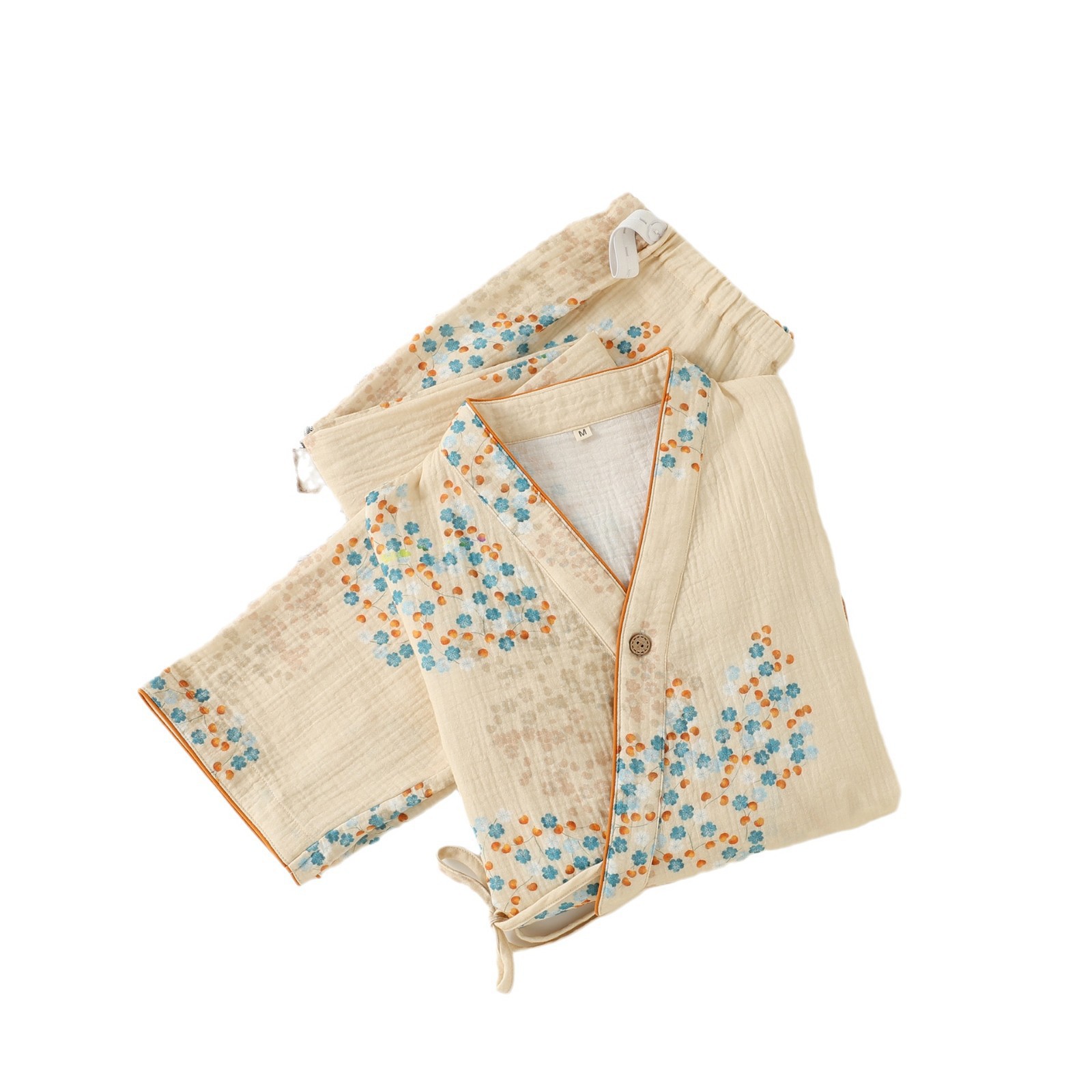 B890-Ice silk pajamas girls style printed cardigan small lapel tie long sleeve pastoral style small floral home clothes spring and summer