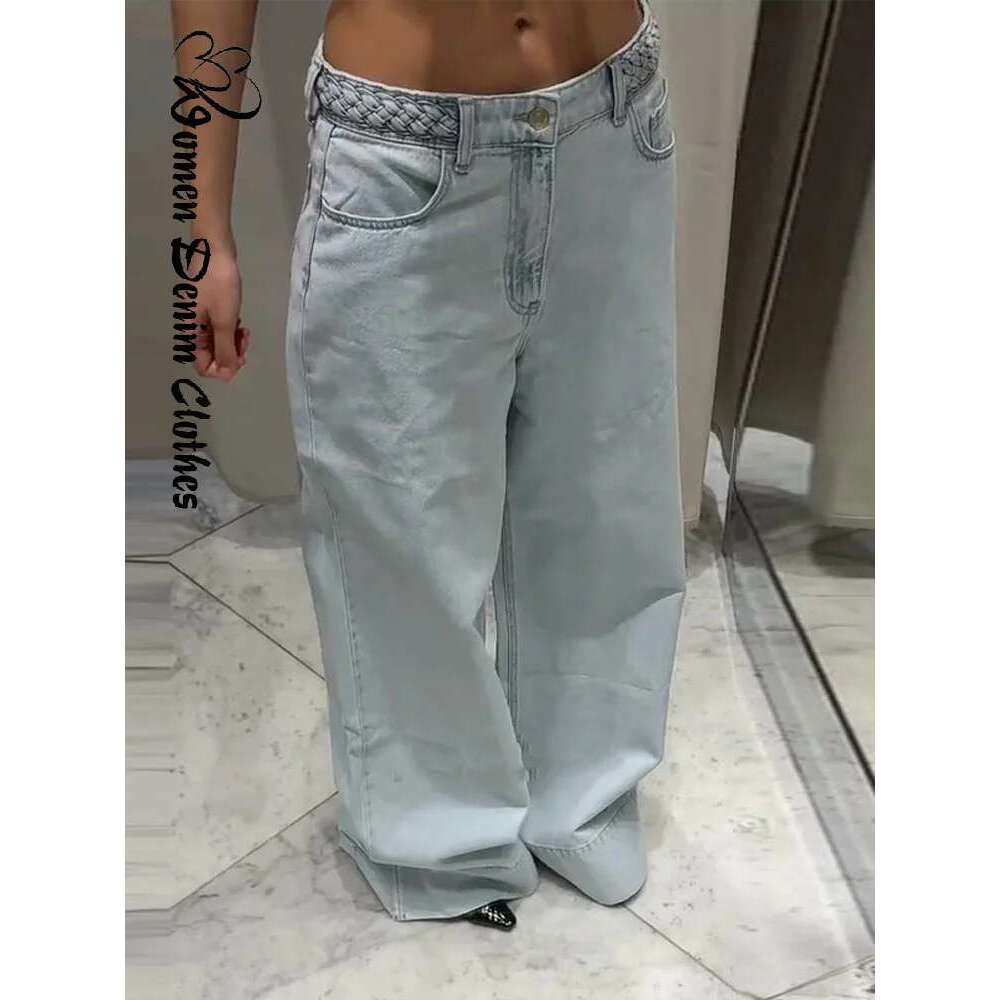 Streetwear Twist Belt Denim Woman Trousers Low Waist Wide Leg Jeans Female 2025 Summer Loose Fashion Casual Mopping Pant