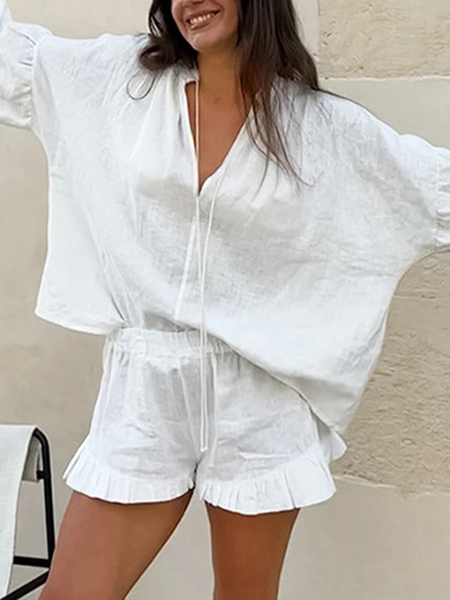 Casual Women s Summer Outfit Stylish Long Sleeve V-Neck Top with Tie-Up Detail and Elastic Waist Shorts Set for a Chic Look 250516