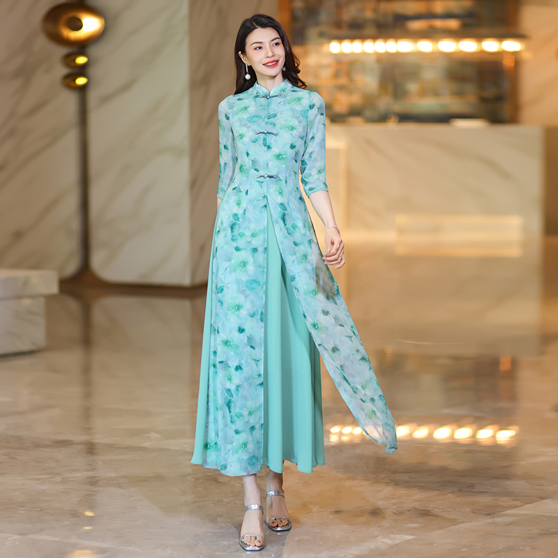 summer chinesestyle cheongsam maxi dresses for women exuding highend and graceful charm with short sleeves printed chiffon fabric and a onepiece desig