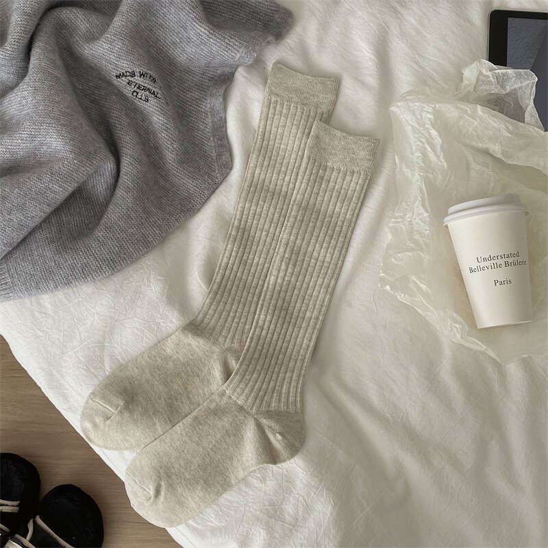 New Solid Color Double Needle Minimalist Pile From Dongdaemun, South Korea, Ins Calf White Socks For Women To Look Slim, Korean Style B5