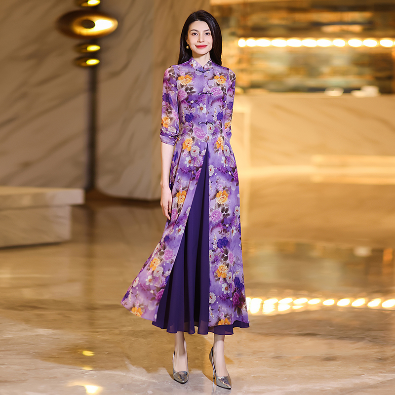summer chinesestyle cheongsam maxi dresses for women exuding highend elegance and graceful with short sleeves printed chiffon fabric and a onepiece de