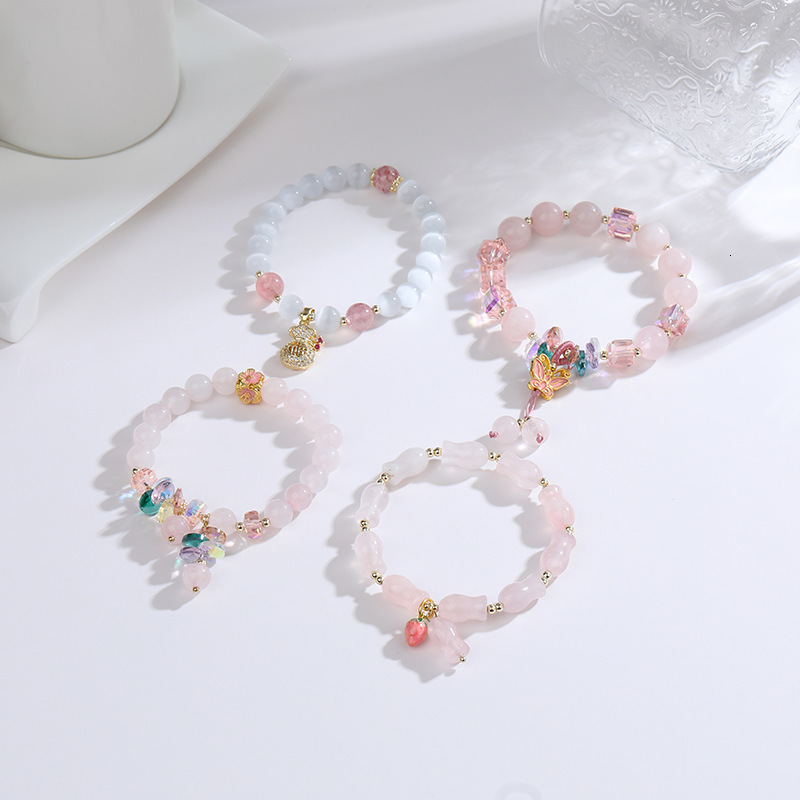 Creative Cat's Eye Money Bag Bracelet, Female Design, Sweet Handmade Jewelry, Flower Butterfly Peach Stone Bracelet