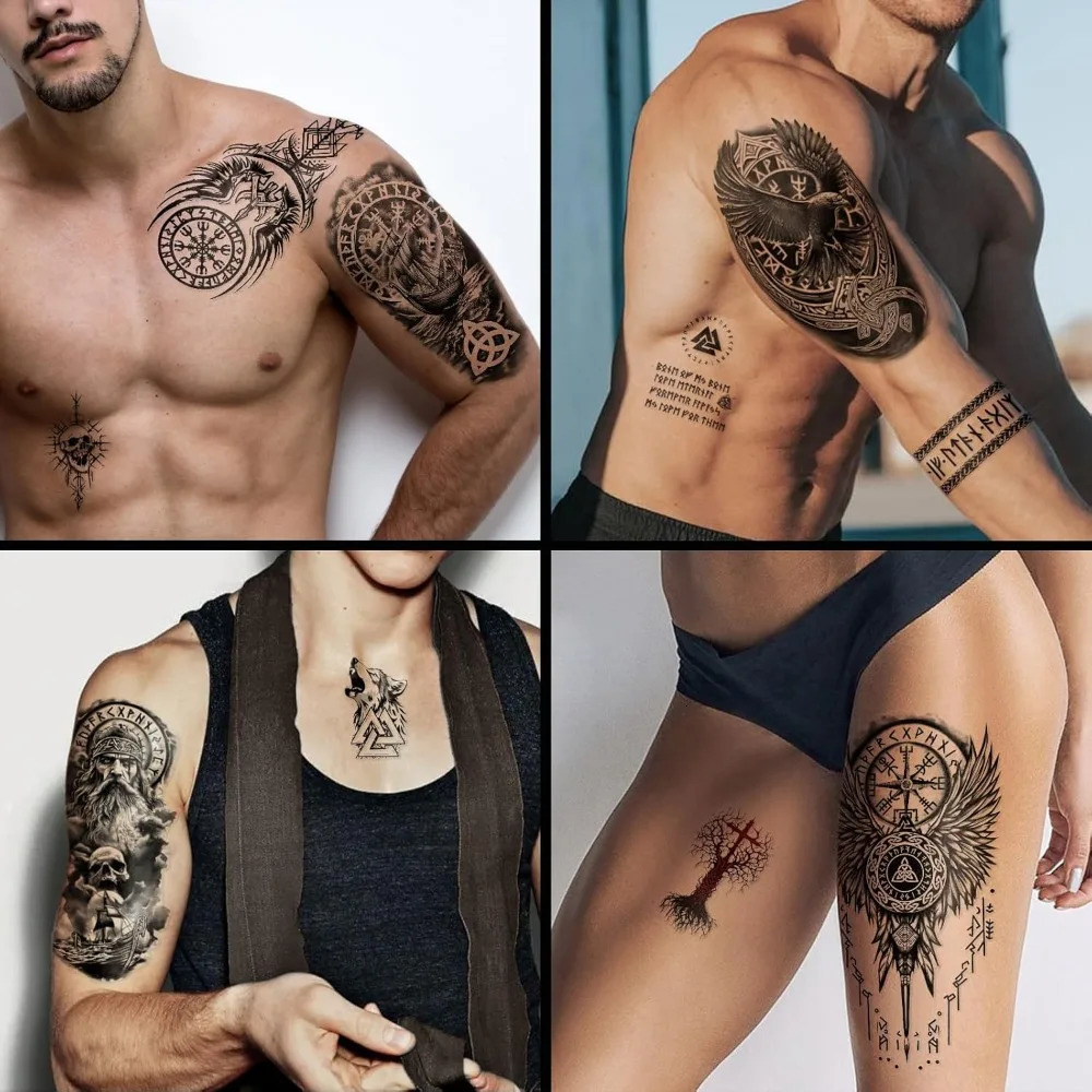 Half arm norse wolf tiger lion eagle skeleton fake tattoo man and woman black tribal body realistic tattoo sticker 250515