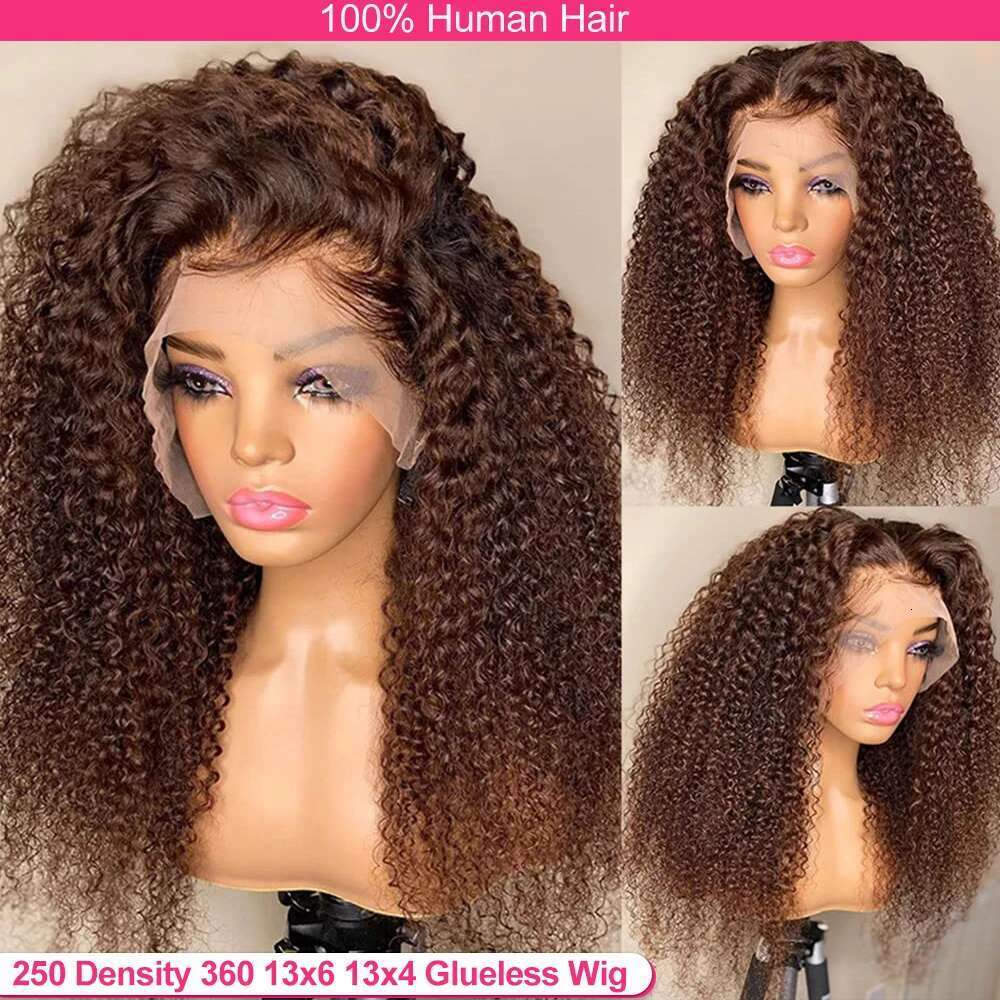 Deep Wave 13x6 HD Frontal Invisible Strap 360 Full Glueless Human Hair Chocolate Brown Lace Front Wig