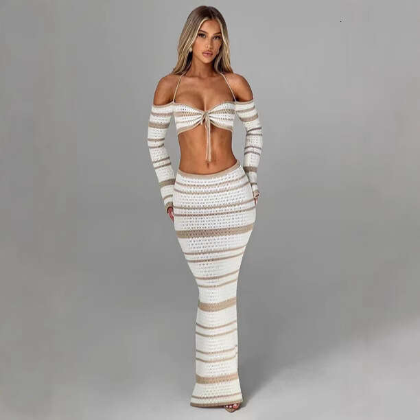 Halter Dress New Spicy Girl Women S Suit Summer Striped Long Sleeved Hanging Neck Top Half Skirt Two Piece Set For Women Maxi Dress