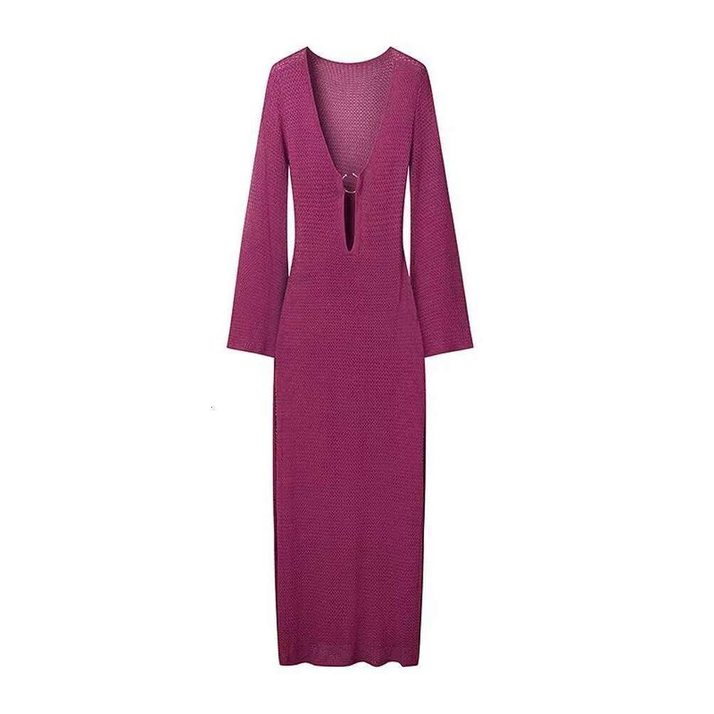 Sexy Metal Ring Splicing Women's V-Neck Split Crochet Dress Chic Flared Sleeve Slim Hollow Out Robes Lady Beach Vacation Vestido Designer