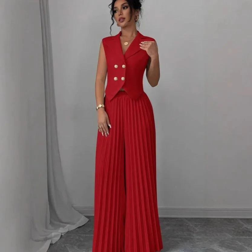 Temperament Commuting Two Piece Set Fashion V-neck Sleeveless Double-breasted Vest Top Pleated Wide-leg Pant Set For Women 250516