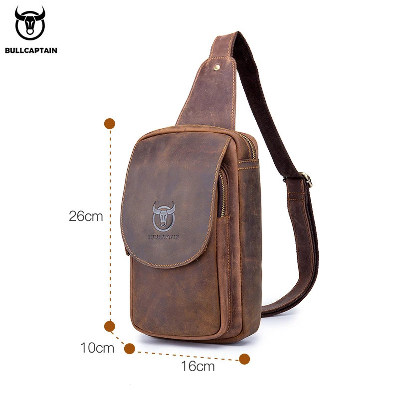 BULLCAPTAIN Mens Crossbody Bags Crazy Horse Leather Chest Bags Leather Crossbody Bages Retro Mens Zip Pocket Short Travel Bag 250603