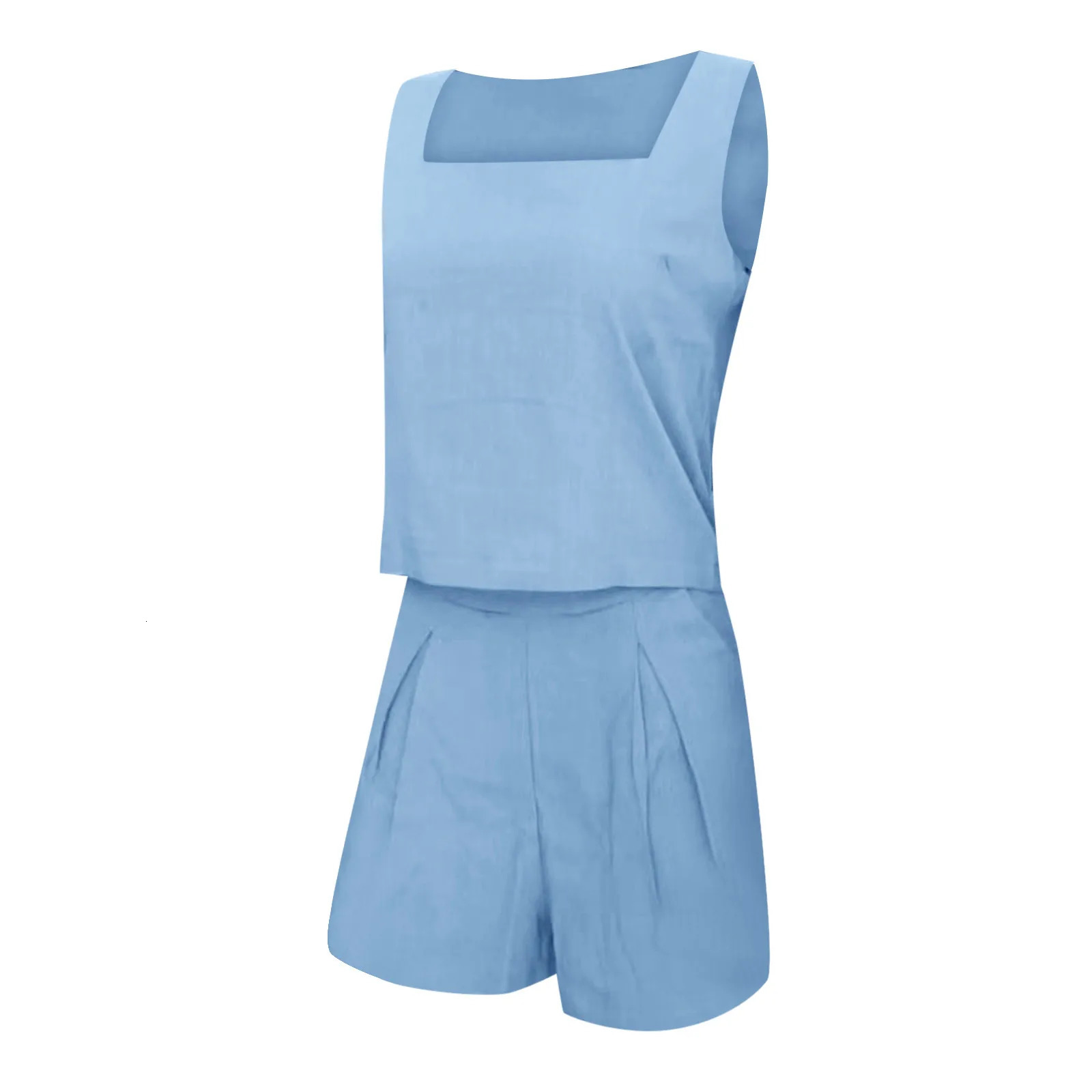 Womens 2 Piece Outfits Streetwear Cotton Linen Matching Sets Two Piece Shorts Sleeveless Crop Tops Trendy Women Clothing Set 250516