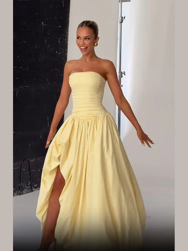 Butter Yellow Womens Party Dress Womens Fashion Strapless A-line Bubble Hem Slim Robes Summer Lady Evening Party Dresses 2025 250519