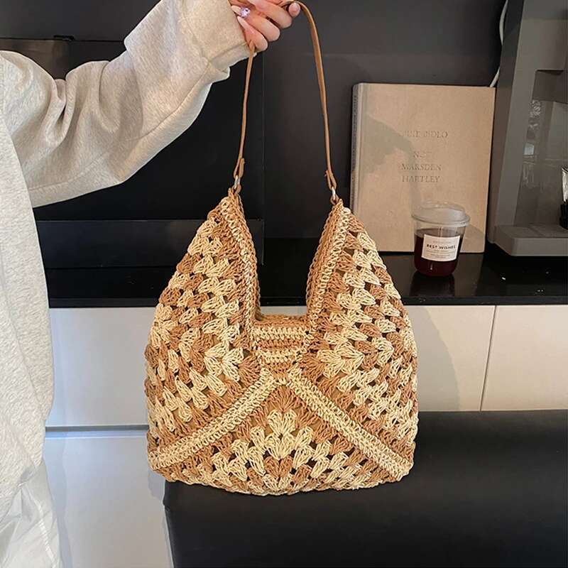 Summer Straw Knitting Hollow Out Tote Solid Beach Bag Holiday Travel Handbag Boho Shoulder Purse For Women