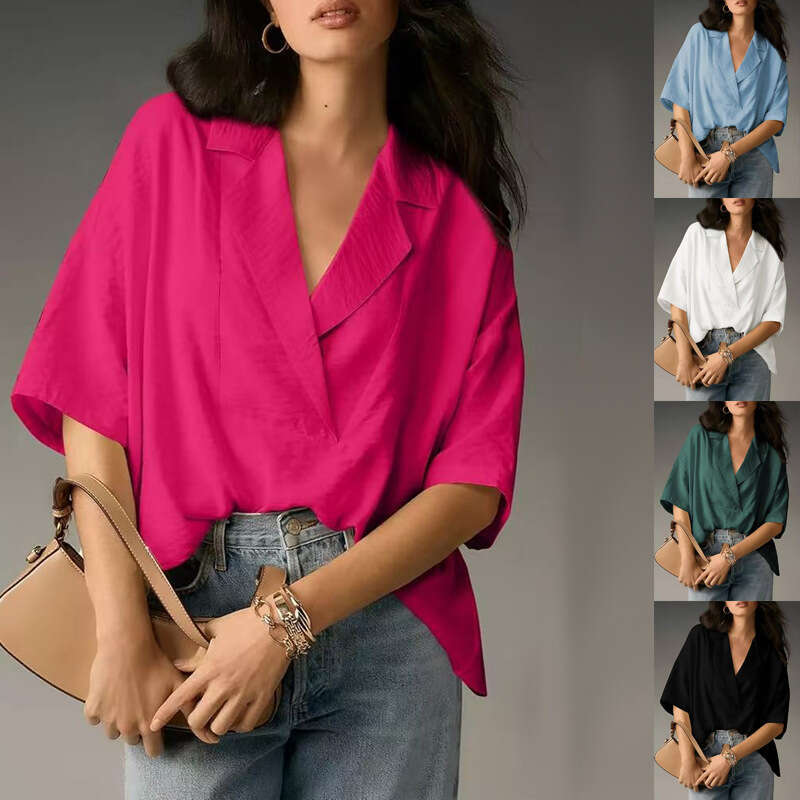 Women's Summer New Short Sleeve Collar Casual Loose Top Solid Color Shirt B5