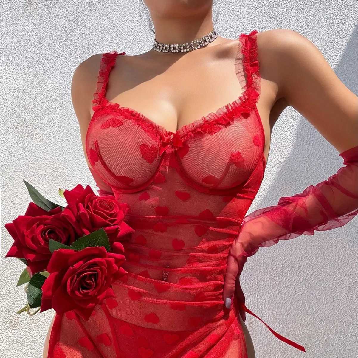 Women Pieces Heart Pattern Lace V-Neck Spaghetti Strap Sheer Mesh Babydolls Sexy See Through Slit Lingerie Set with Thong R250520