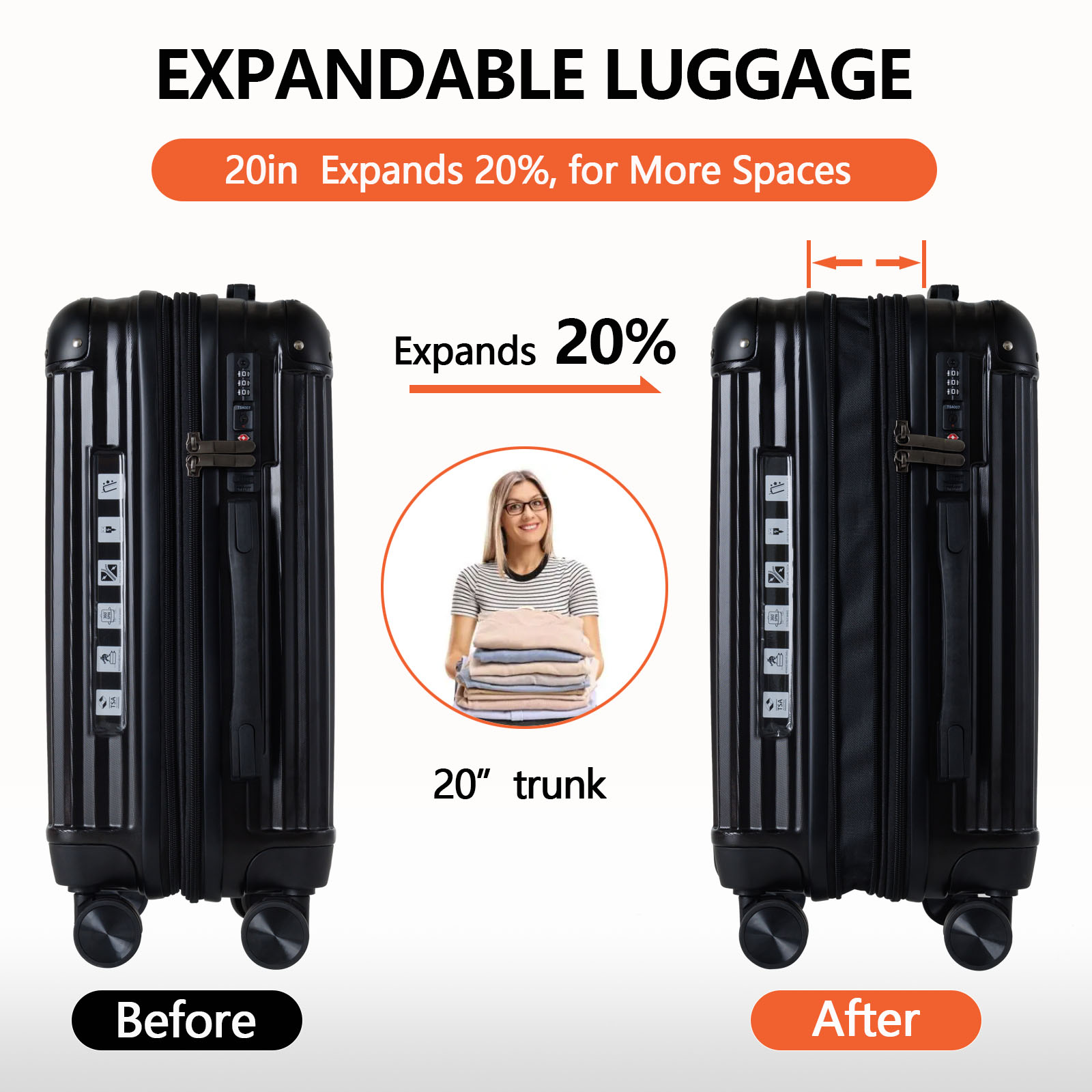 20" Expandable Carry-On Luggage Sets with USB-A Port TSA lock | Durable Corner Protection for Business Travel & Family Vacations (Black)