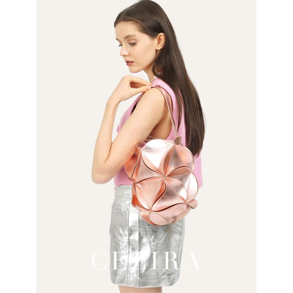 Fashionable Metallic PU Vegan Leather Shoulder Bag Women Flower Petal Patchwork Bucket Sweet Ladies Handbags Cross body