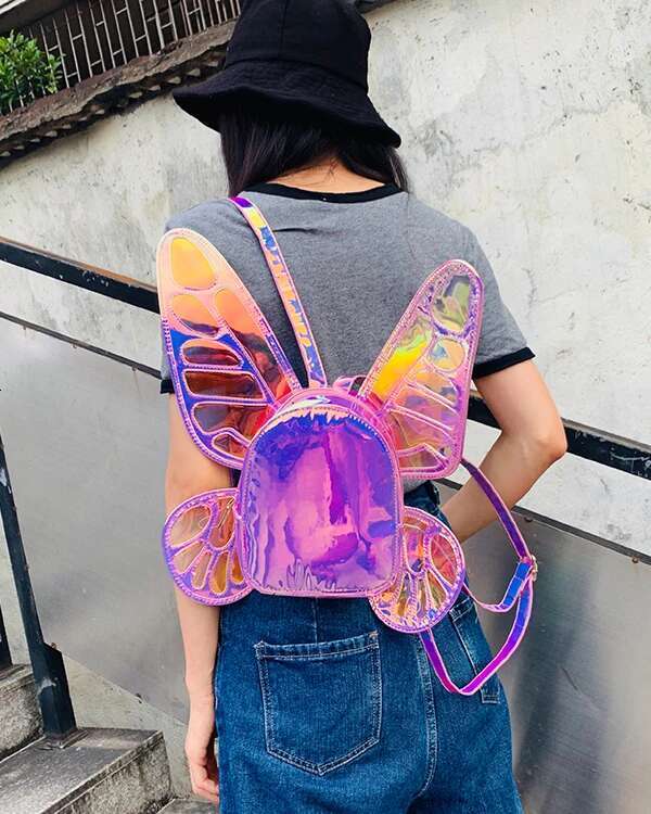 Fashion Women's Laser Mini Backpack Butterfly Angel Wings For Girls Travel Casual Daypack School Bag Holographic Leather