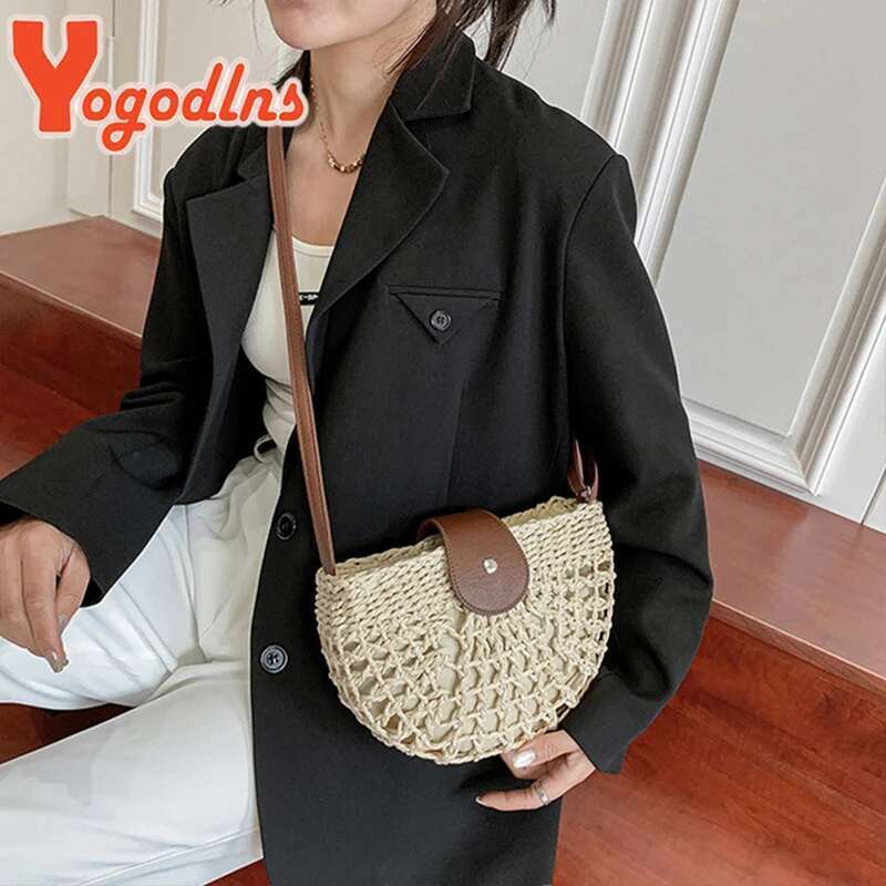 Hot Selling Yogodlns Summer Straw Bag For Women Fashion Semicircle Crossbody Rattan Handmade Messenger Handbag Travel Beach Bags Tote Designer Bags