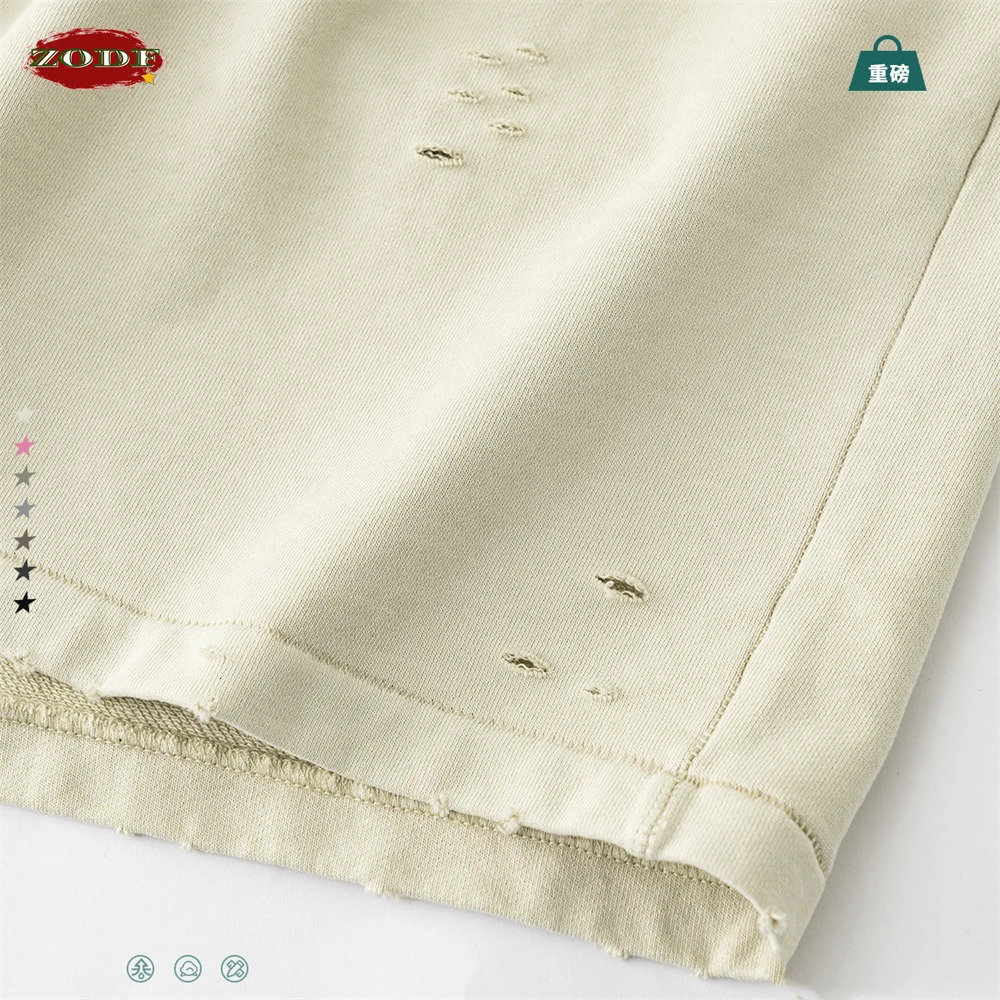 ZODF Men Summer Washed 330gsm Cotton Shorts Unisex Retro High Street Distressed Drawstring Bottoms HY0976 250520