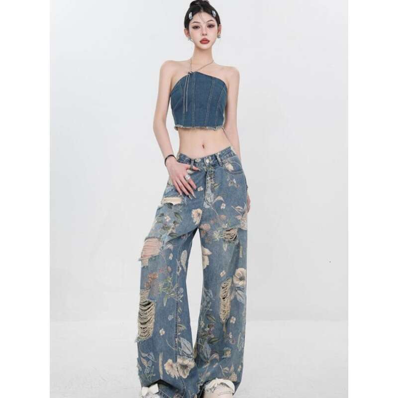 China-Chic Fashion Summer New American Printed Perforated Jeans Women's Loose Straight Leg Pants Trendy