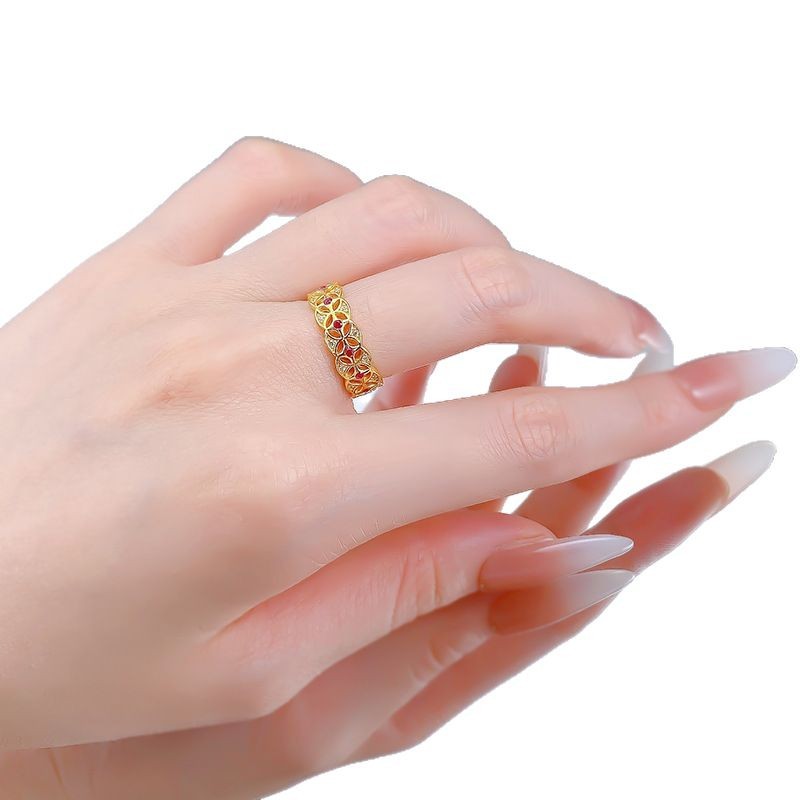 New Vintage Chinese Coin Design Gold-Plated S925 Sterling Silver Ring with Floral Detailing