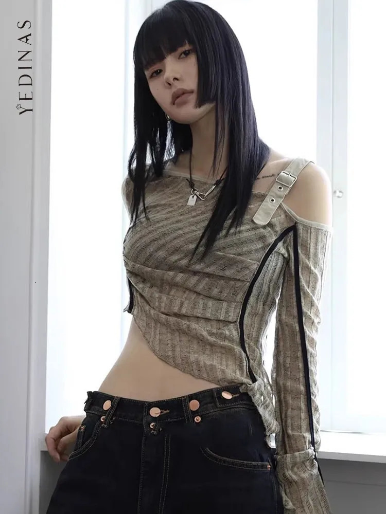 Yedinas American Retro T Shirt Women Clothes Long Sleeve Crop Top Lace Up Korean Fashion Gothic Off Shoulder Tee Shirt Femme Y2k 250517