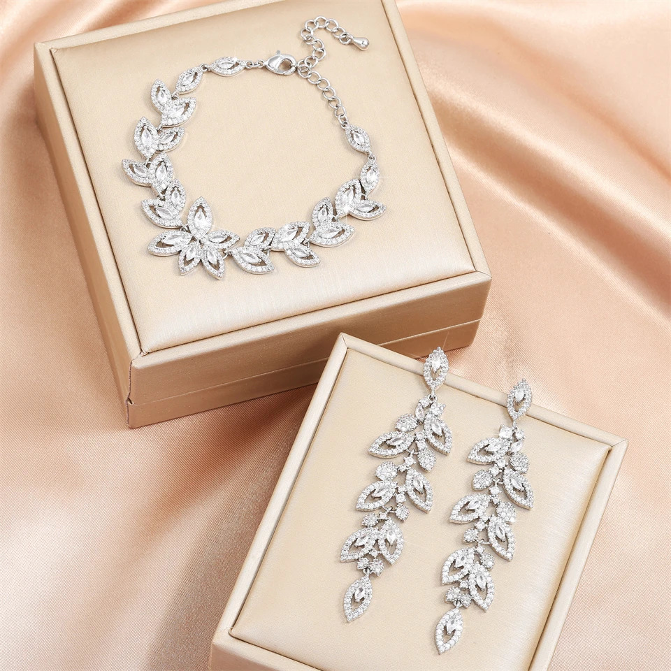 ZAKOL Shiny Buling Micropaved Zirconia Leaf Long Earrings Chain Bracelet Charm Wedding Jewelry Set For Women 250520