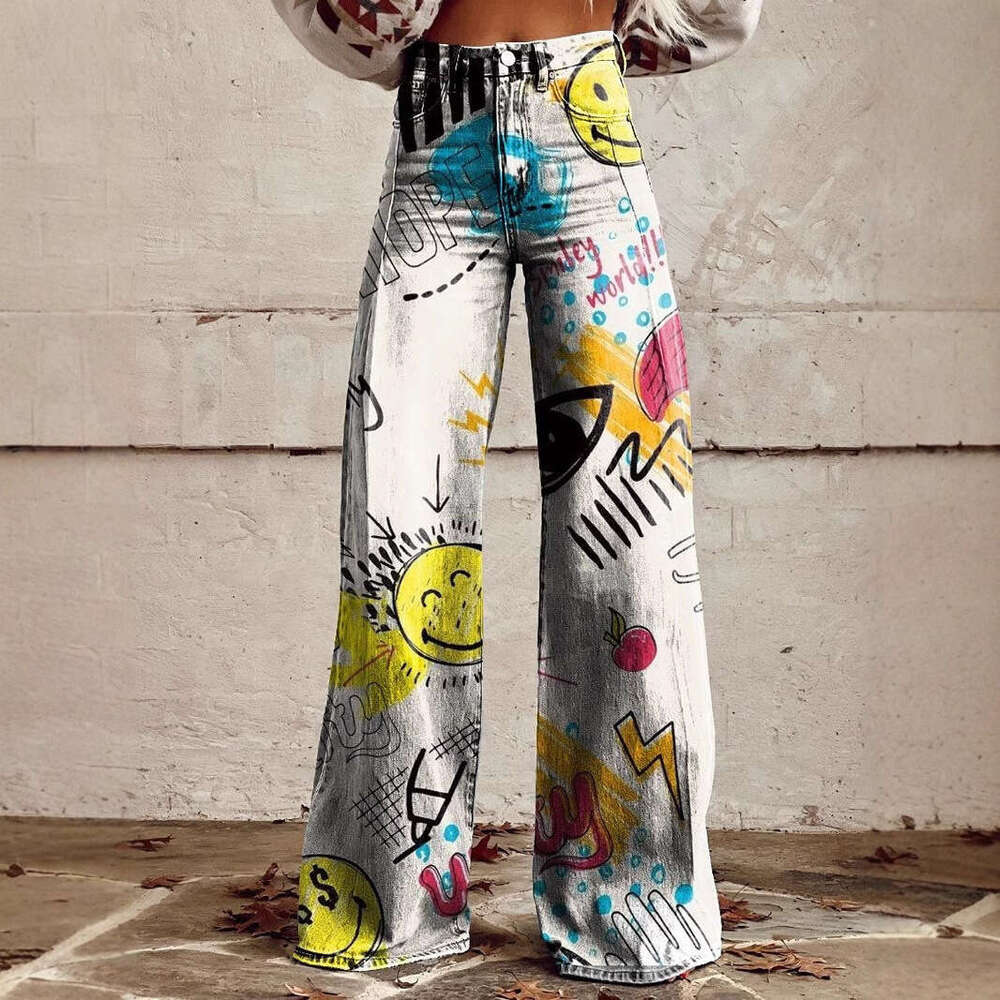 2025 High-Waisted Wide-Leg Printed Jeans for Women - Stretchy Casual Fashion