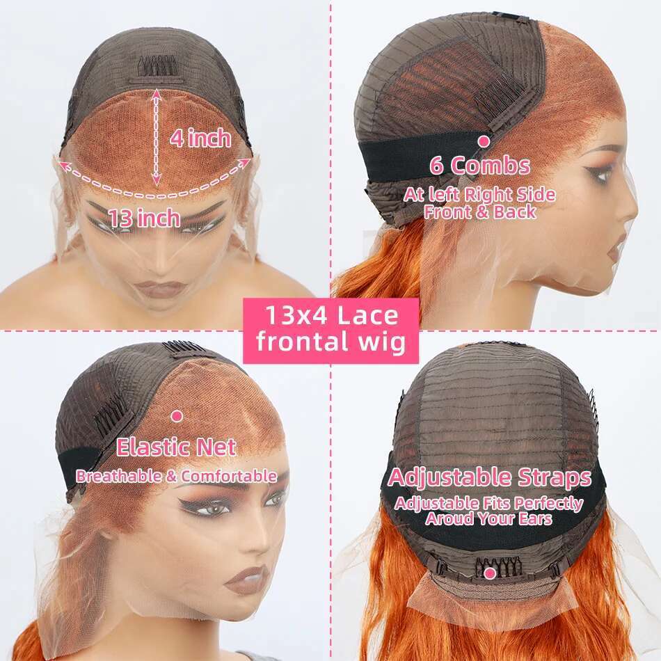 Ginger Orange Front Bone Body Wave 13x4 Human Hair Frontal Wigs Transparent Lace Wig For Women