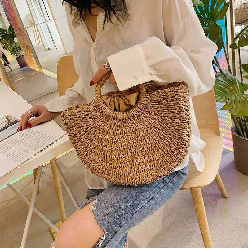 Summer Handmade Bags For Women Weaving Ladies Straw Wrapped Beach Bag Moon Shaped Top Handle Handbags Totes