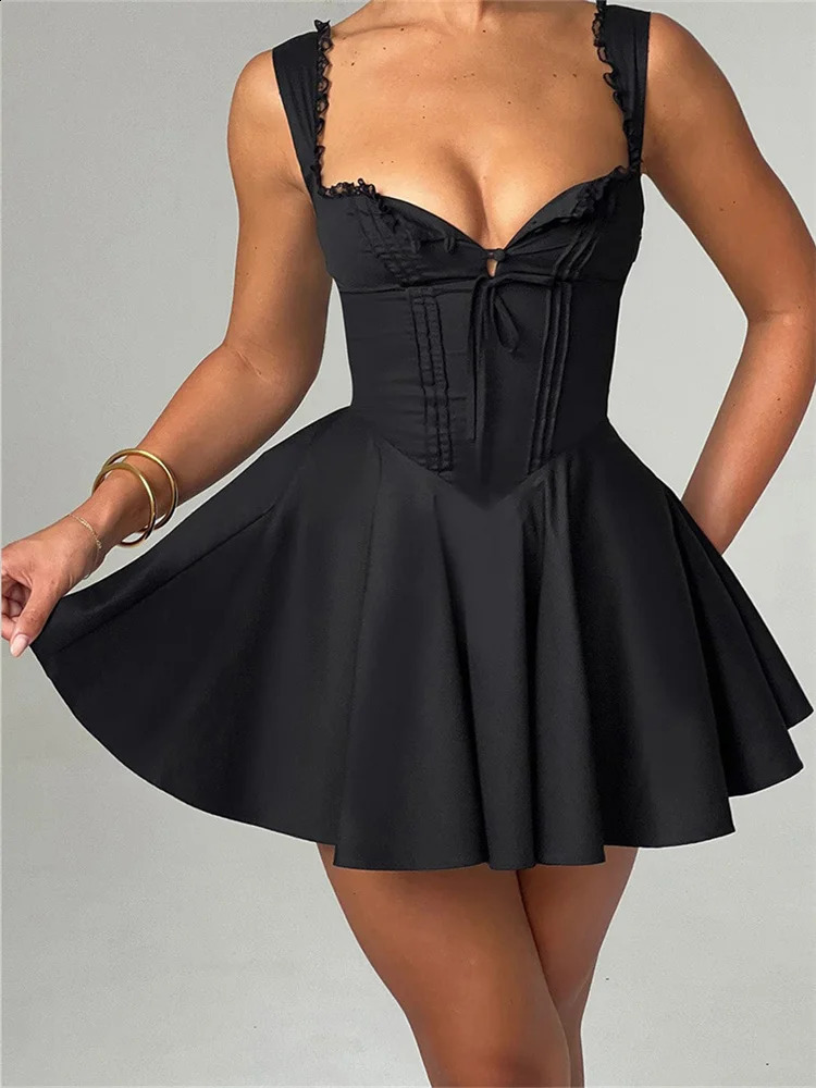 CHRONSTYLE Elegant Women Short Mini A-Line Dress Deep V Neck Backless Ruffles Hem Sleeveless Dress for Party Club Vestidos 250519