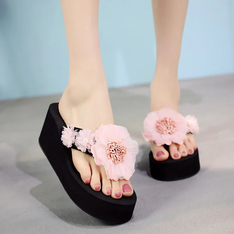 Women Casual Flowers Slippers Summer Beach Platform Slippers Fashion Outside Flip Flop Bohemian Style Thick Sole Wedge Sandals 250519