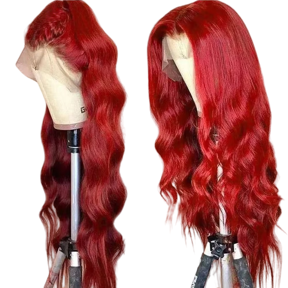 Red Colored Lace Front Wig Simulation Human Hair 250 Density 32 Inch Wigs Brazilian Hair Pre Plucked 13x4 HD Body Wave Synthetic Wig Glueless For Blac
