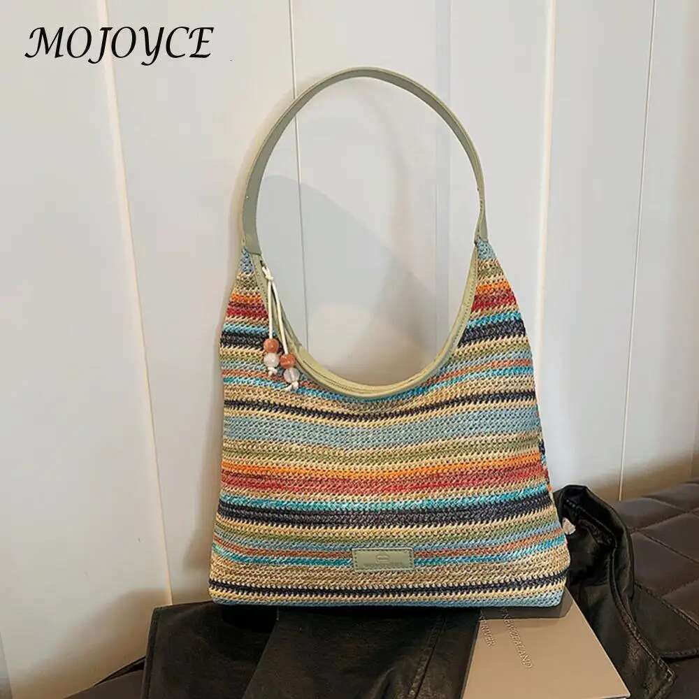 Women Straw Woven Tote Summer Beach Bags Large Capacity Weaving Shoulder Bag Ethnic Style Contrast Color For Outdoor Travel