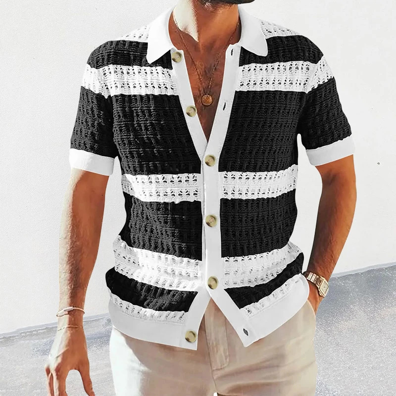 Seaside Beach Casual Shirts Mens Spring Summer Fashion Striped Knitting Cardigan Tops For Men Vintage Buttoned Lapel Shirt 250520