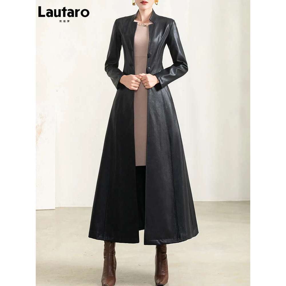 Lautaro Spring Autumn Black Soft Waterproof Faux Leather Coat Women Belt Long Sleeve Single Breasted Fashion 2022 Designer