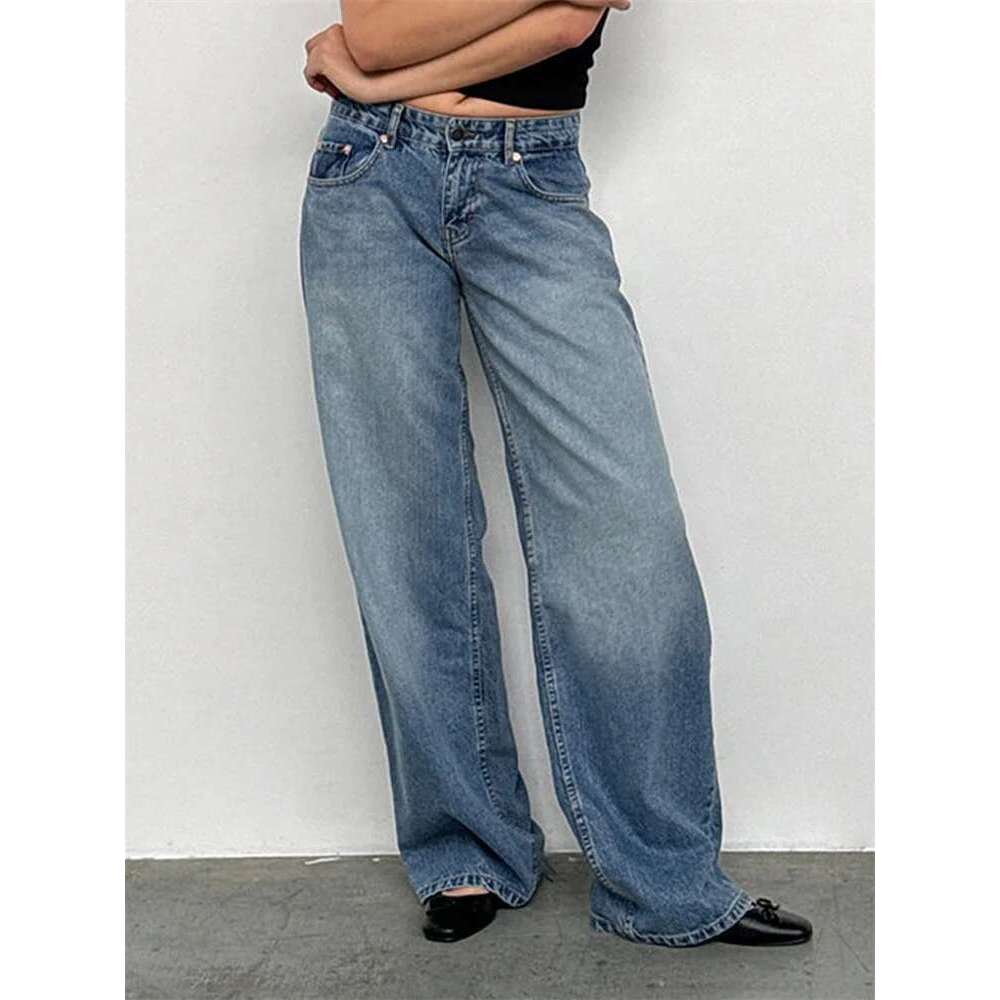 CHRONSTYLE Women Wide Leg Boyfriend Straight Hip Hop Long Denim Pants Low Waist Baggy Casual Loose Jeans Streetwear