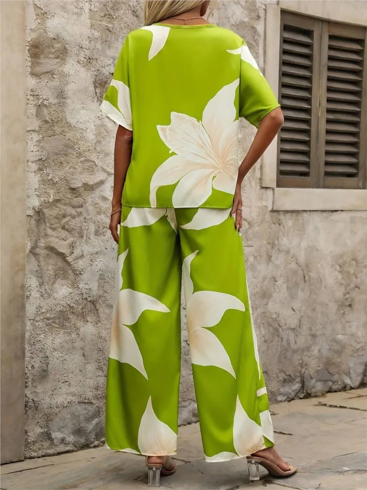 Fashion Print Two Piece Set For Women Casual V-neck Short Batwing Sleeve Top And High Waist Wide Legs Pants Loose Sets Female 250516