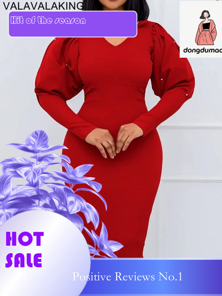 dongdumaoyi 2025 Sexy Spring Autumn Solid Plus Size Women Puff Sleeve Large Big Dresses V Neck Evening Party Lady Tight Curvy Dress