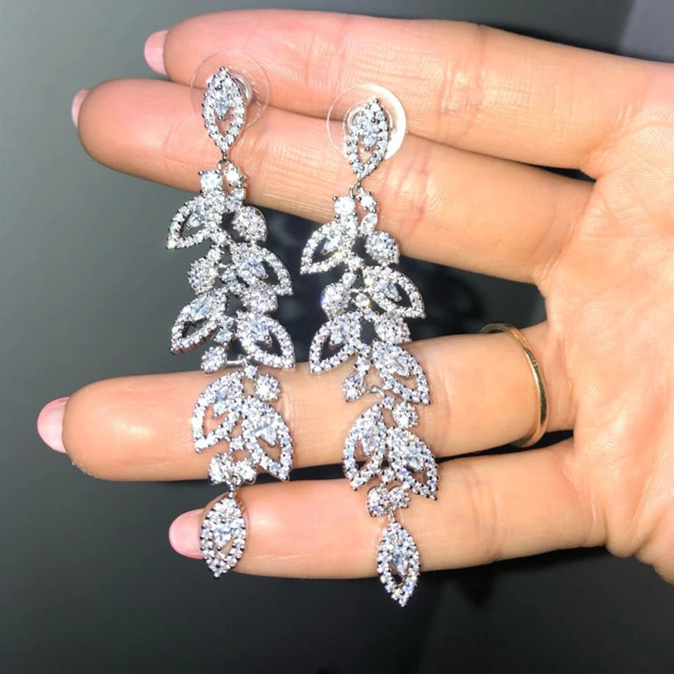 ZAKOL Shiny Buling Micropaved Zirconia Leaf Long Earrings Chain Bracelet Charm Wedding Jewelry Set For Women 250520