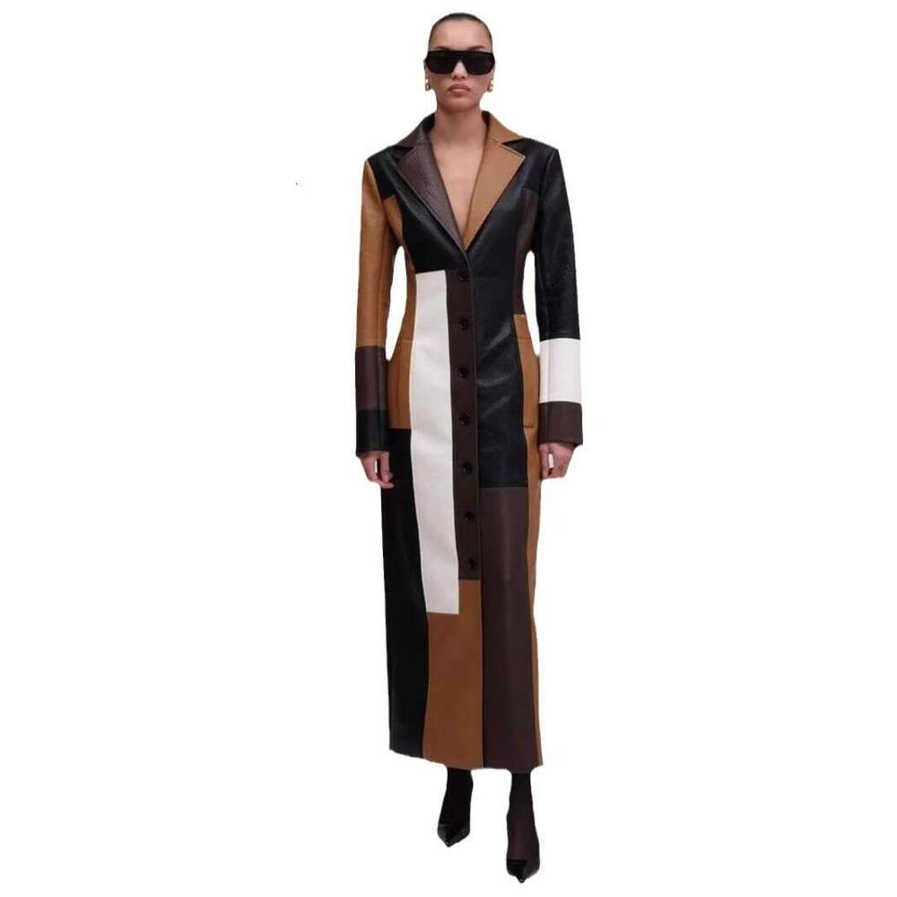 Halter Dress New Splicing Style Fashion Autumn Winter V Neck Women S Long Leather Dress Maxi Dress