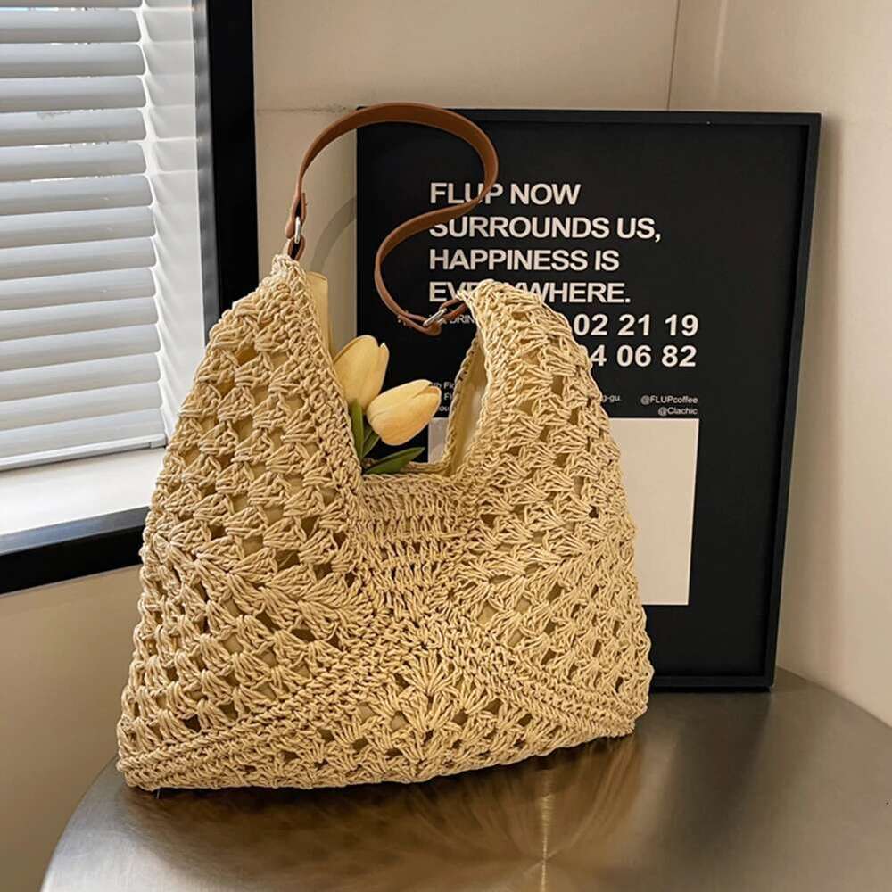 Summer Straw Hollow Out Tote Large Beach Bag Solid Color Holiday Travel Handbag Boho Shoulder Purse For Women