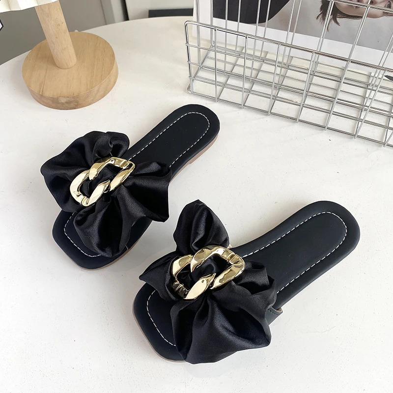 Girls Slippers Silk Bowtie Buckle Pure Color Beautiful Children Sliders Summer Square Toe Slipon Holiday Kids Shoes 2736 250515