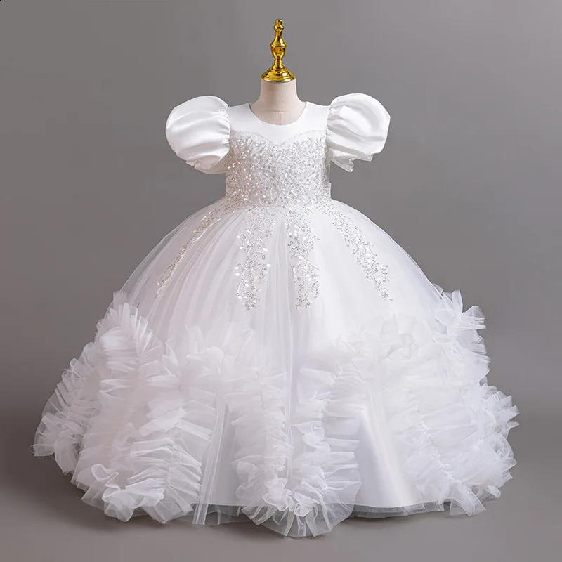 Girls Pearl Puff Sleeve Princess Dress 4-12 Years Old Fashionable Embroidered Puff Skirt Carnival Birthday Party Evening Dress 250519