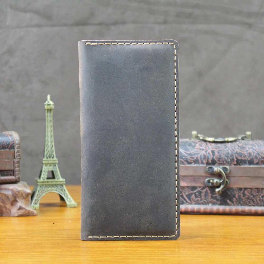 Vintage Handmade Genuine Leather for Men Long Wallet Bifold Male Clutch Purse Clip with Passport holder Money Bag