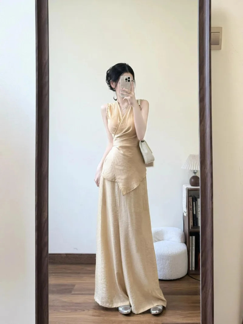 Elegant Summer Two Piece Sets Women High Quality V-neck Sleeveless Lace Up Slim Waist Blouse Top Wide Leg Pants Outfits 250516